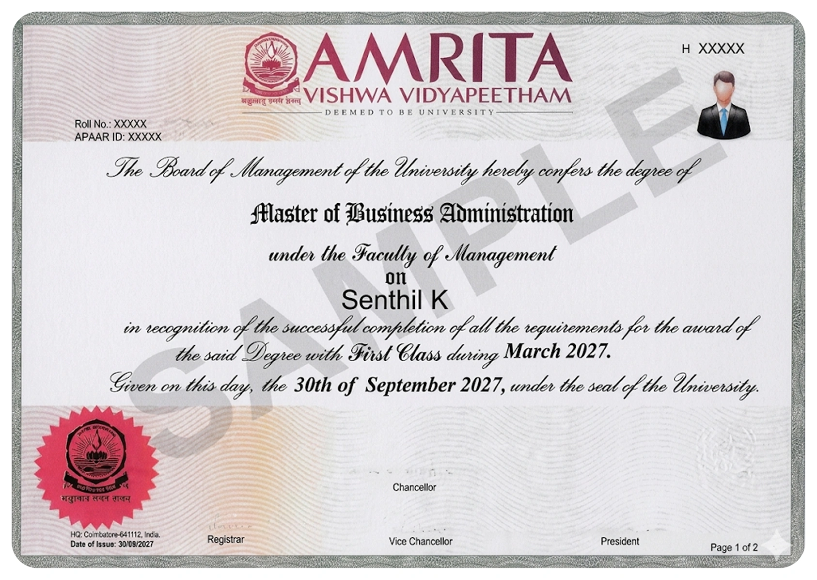 Sample Amrita Online MBA Master of Business Administration degree certificate