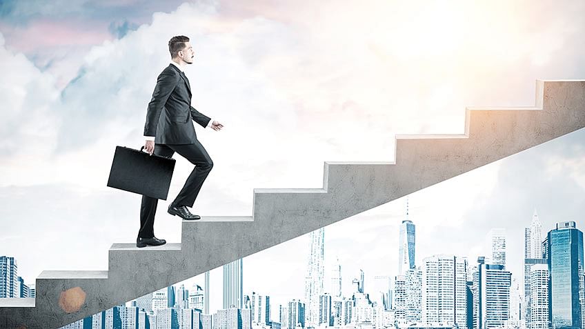 Businessman Climbing a Ladder To Escape from Problems Stock Photo - Image of avo