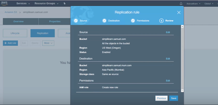 Select the source, destination and IAM rule