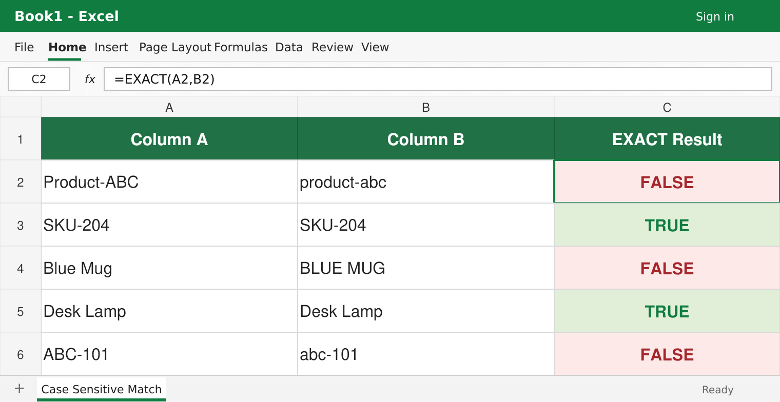 Compare Two Columns With EXACT for a Case-Sensitive Match