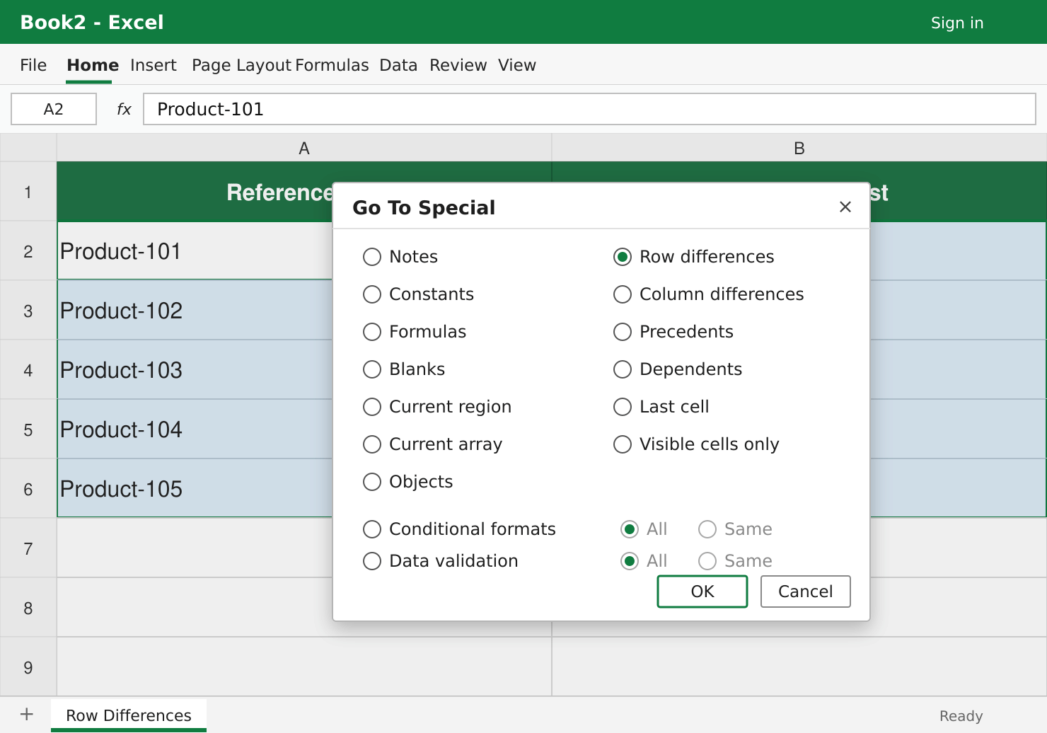 Compare Two Columns Without a Formula Using Go To Special