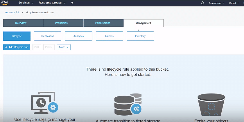 S3 Features - Select Lifecycle and then click on the Add lifecycle rule