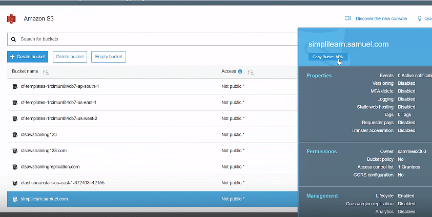 S3 Features - Find the ARN of the bucket 